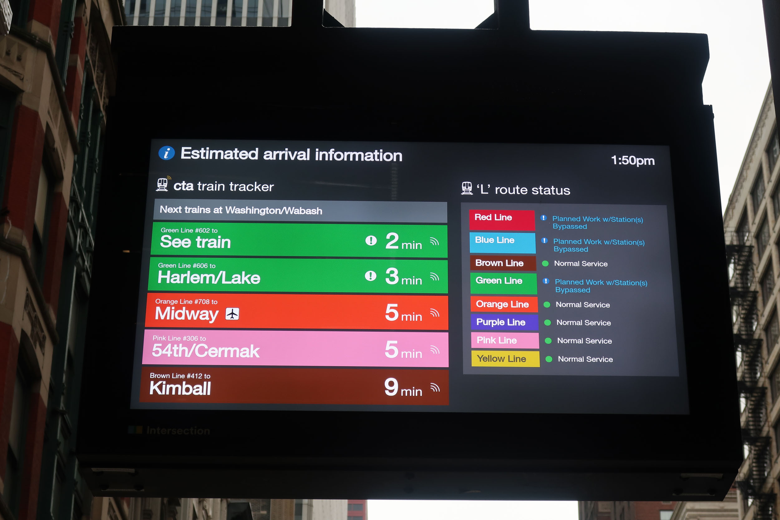 LCD screen showing predicted arrivals at Washington Wabash station